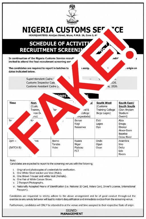 Nigeria Customs debunks fake recruitment exercise