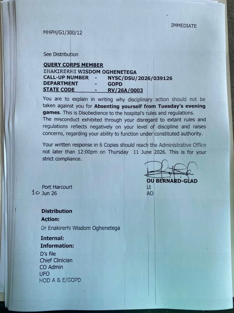 Query Issued to Late NYSC Doctor Sparks Fresh Questions Over Circumstances Surrounding His Death