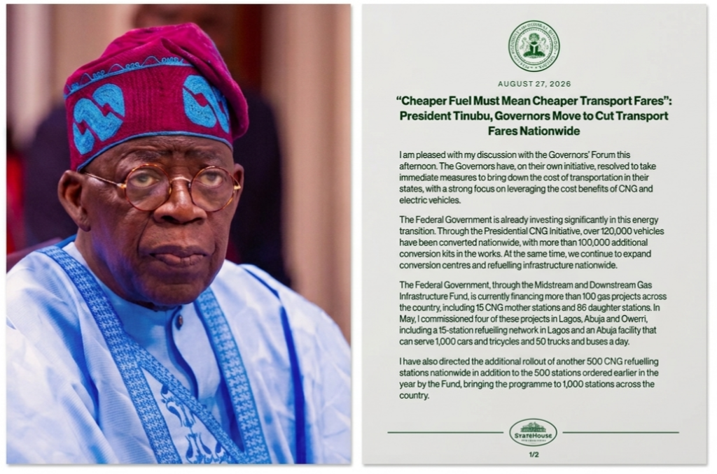 Tinubu, Governors Move to Cut Transport Fares Nationwide, Target October 1 Following CNG Bus Rollout